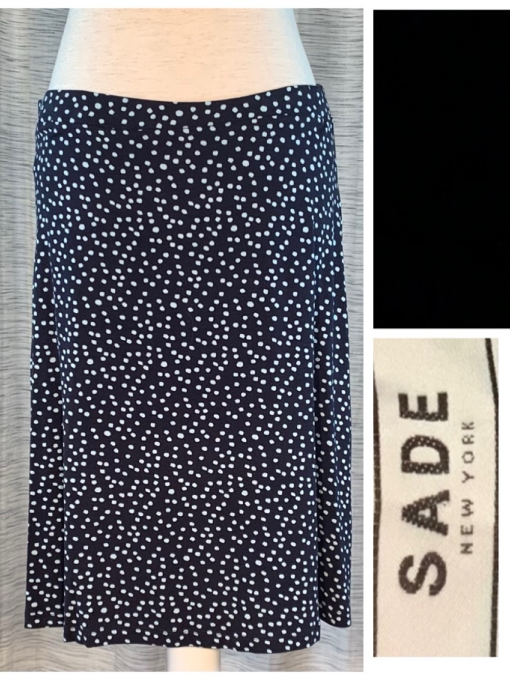 SADE of New York with small sky blue dots on dark navy blue skater skirt.